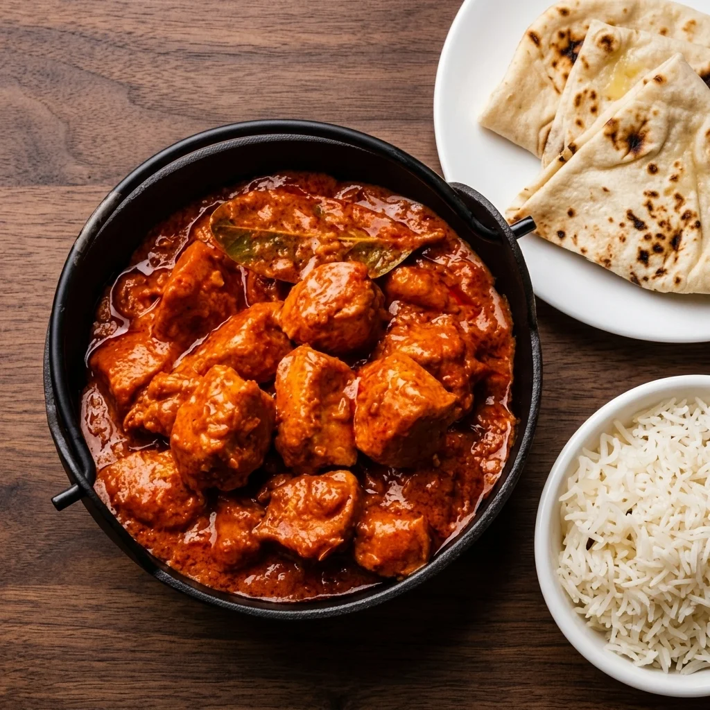 Chicken tikka masala with fresh naan and basmati rice at Dawat India Restaurant, Regina