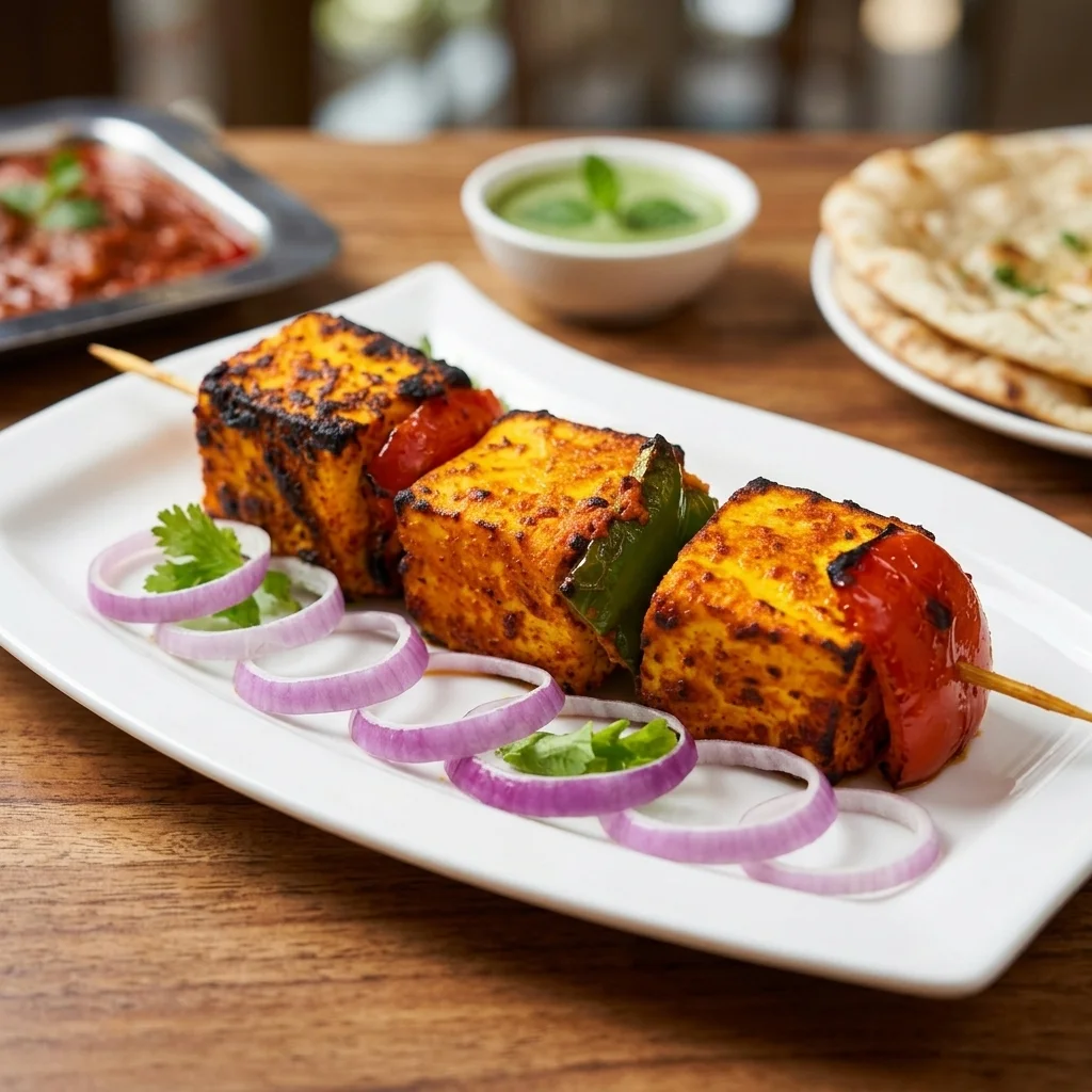 Paneer tikka skewers with naan and mint chutney at Dawat India Restaurant in Regina