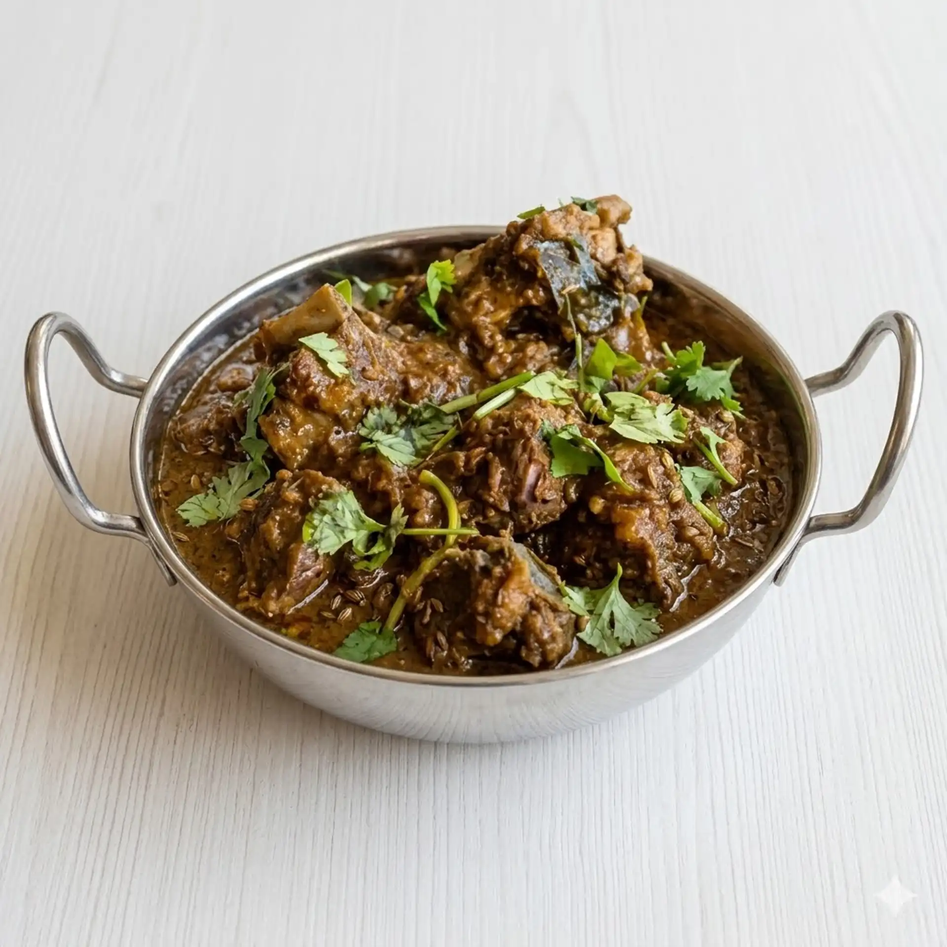 Goat kadai slow-cooked in a karahi at Dawat India Restaurant in Regina, SK