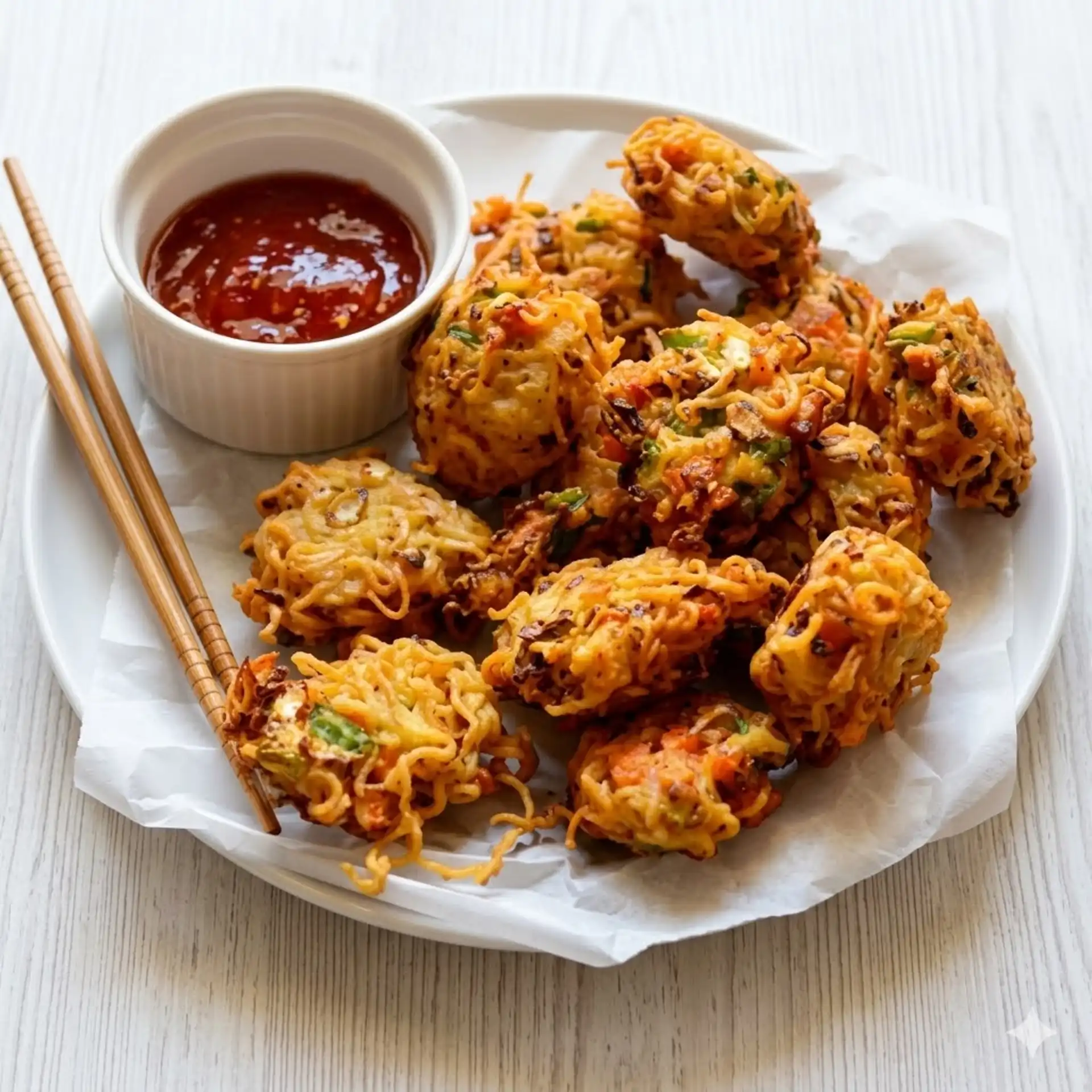 Crisp vegetable pakora fritters with dipping sauce at Dawat India Restaurant in Regina