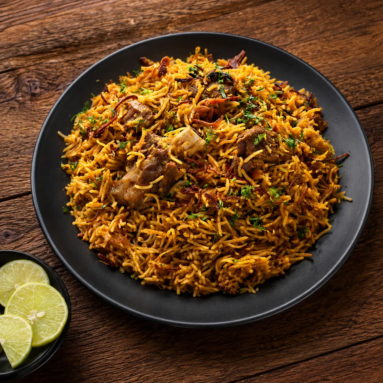 Lamb biryani with saffron basmati rice and crisp fried onion at Dawat India Restaurant in Regina, SK